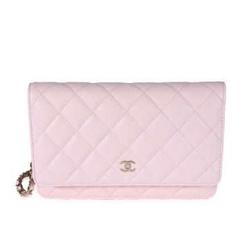 CHANEL Pale Pink Quilted Caviar Wallet on Chain