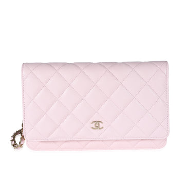 CHANEL Pale Pink Quilted Caviar Wallet on Chain