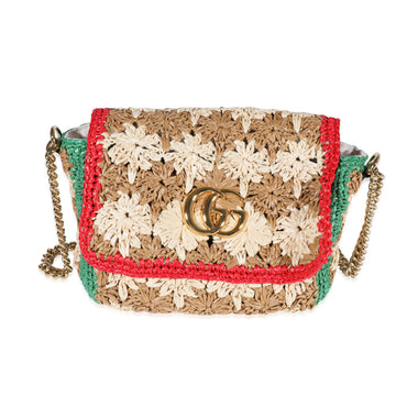 GUCCI Beige Raffia GG Marmont Shoulder Bag