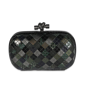 BOTTEGA VENETA Green & Black Patchwork Intrecciato Python Knot Clutch