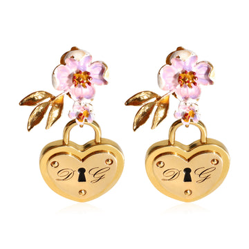 DOLCE & GABBANA Gold Tone Heart Padlock Floral Clip On Earrings