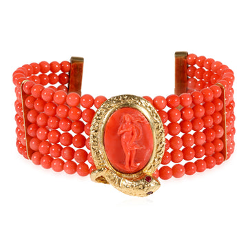 Coral Beads & Cameo Center in 18k Yellow Gold with Snake Detail