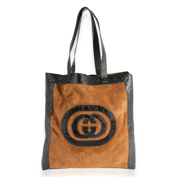 GUCCI Brown Suede & Black Patent Leather Logo Tote