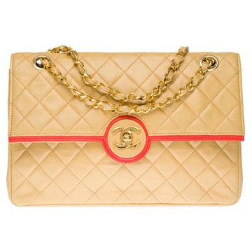 CHANEL Classic shoulder bag in beige and coral quilted lambskin with GHW