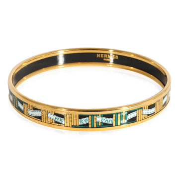 HERMES Plated Narrow Black & Gold Enamel Bracelet with Paris Ribbon [67MM]