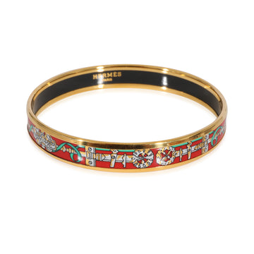 HERMES Gold Tone Red Enamel Narrow Bangle with Green Ribbons [62mm]