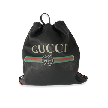 GUCCI Black Leather Logo Drawstring Backpack