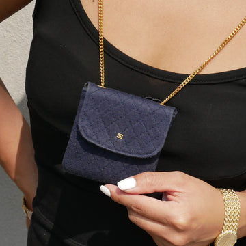 CHANEL Mini Pouch Necklace Navy Cotton 91380