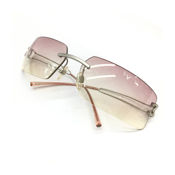 Chanel Rhinestone Pink Tinted Gold CC Logo Rimless Sunglasses