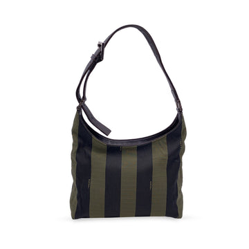 FENDI Green And Black Striped Pequin Canvas Small Hobo Bag