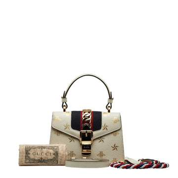 GUCCI Sylvie BEE STAR Handbag Shoulder Bag 470270 White Gold Leather Ladies