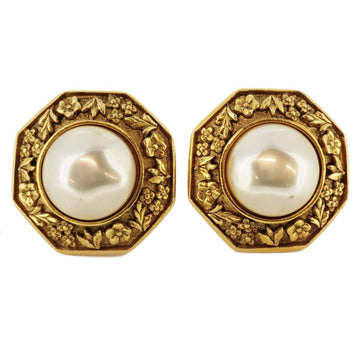 CHANEL earrings vintage round circle flower motif fake pearl GP plated gold white ladies