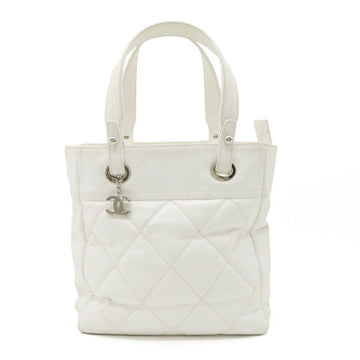 CHANEL Paris Biarritz Tote PM Bag Shoulder Coated Canvas Leather White A34208