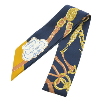 HERMES Twilly Scarf Brid de Gala Applique Pique Marine/Beige Dress/Gold Silk