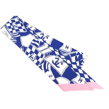 CHANEL Scarf Muffler Ribbon Silk Blue x White Pink Ladies