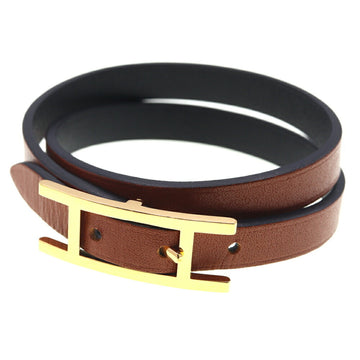 HERMES Bracelet Api3 Brown Leather Metal 2 Rows Ladies