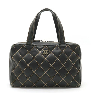 CHANEL Wild Stitch Coco Mark Handbag Boston Bag Leather Black Pouch Missing A18121