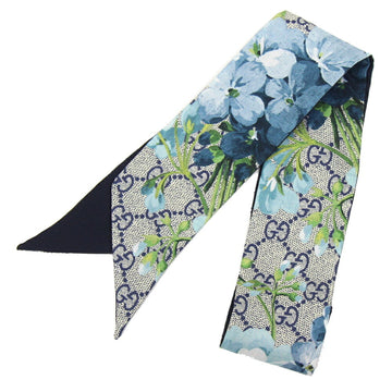 GUCCI Scarf Muffler GG Blooms Neck Bow 432849 Gray Blue 100% Silk Ribbon Flower Women's