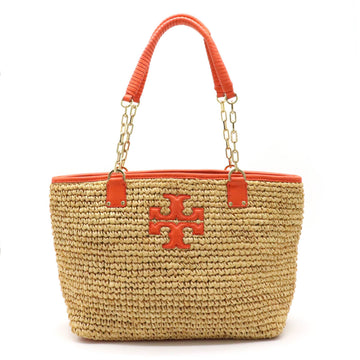 TORY BURCH straw bag tote shoulder chain leather natural orange