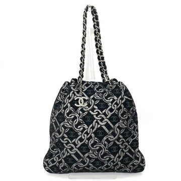 CHANEL Bag Chain Tote Black x Metallic Silver Coco Mark Pattern Ladies Canvas