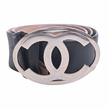 CHANEL Leather Coco Mark Belt #85/34 Black 112cm Ladies