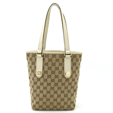 GUCCI GG Canvas Tote Bag Shoulder Leather Khaki Beige Ivory 153361