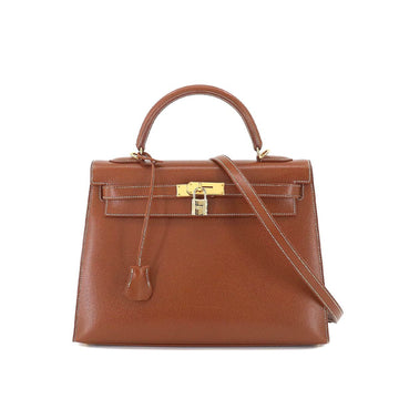 HERMES Kelly 32 2way hand shoulder bag lycee noisette outside stitching G stamp gold metal fittings