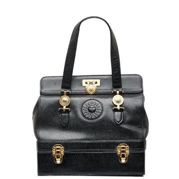 VERSACE Sunburst 2 Tier Handbag Vanity Bag Black Caviar Skin Ladies