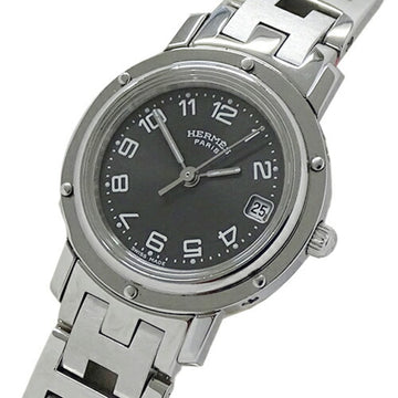 HERMES Watch Ladies Clipper Date Quartz Stainless Steel SS CL4.210 Silver Gray Polished
