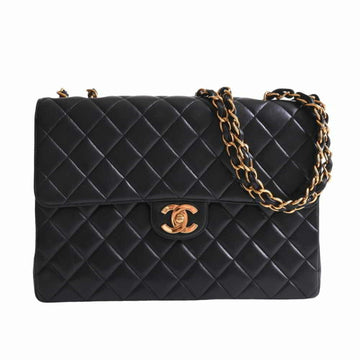 Chanel lambskin deka matrasse here mark chain shoulder bag black