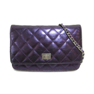 CHANEL 2.55 Matelasse Chain Wallet Shoulder Bag Purple Metallic Purple leather