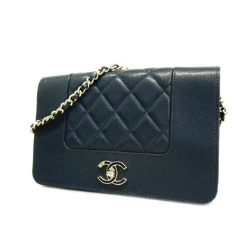 CHANEL Shoulder Wallet Mademoiselle Chain Leather Navy Silver Hardware Women's