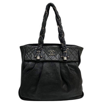 CHANEL Matelasse Leather Genuine Coco Mark Chain Handbag Tote Bag Black