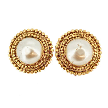 CHANEL earrings circle fake pearl GP plated gold ladies