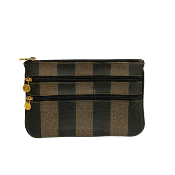 FENDI Vintage Pecan Pattern FF Logo Hardware Leather Clutch Bag Pouch Mini Handbag Black Khaki