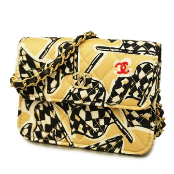 CHANEL Shoulder Bag Matelasse Checkered Flag Year End Chain Cotton Beige Gold Hardware Women's