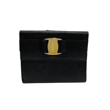 SALVATORE FERRAGAMO Vara Ribbon Hardware Leather Genuine W Hook Bifold Wallet Mini Black