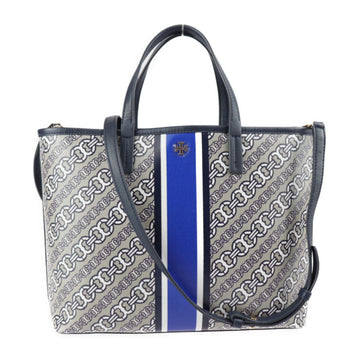 TORY BURCH Gemini Link Tote Bag 40439 0817 PVC Leather Gray Blue Navy Gold Hardware 2WAY Shoulder