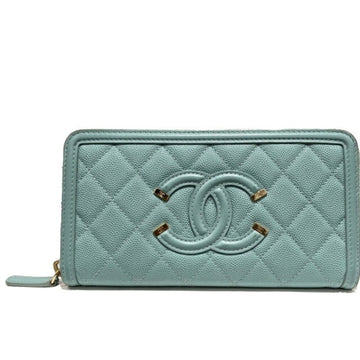 CHANEL CC Filigree Zip Wallet Coco Mark Round Zipper Long Caviar Skin Leather Light Blue Gold Hardware Matelasse Grained Calf Popular