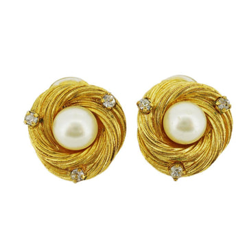 CHANEL earrings vintage round circle fake pearl rhinestone GP plated gold white 97P ladies