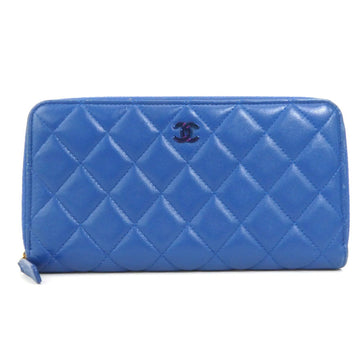 CHANEL Round Zipper Long Wallet Matelasse Coco Mark Leather Blue Women's