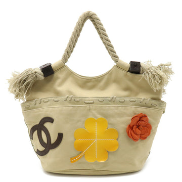 CHANEL Fishnet Rope Coco Mark Tote Bag Handbag Canvas Leather Wood Beige Yellow Orange A21385