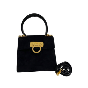 SALVATORE FERRAGAMO Gancini Logo Suede Leather 2way Shoulder Bag Handbag Black 19156