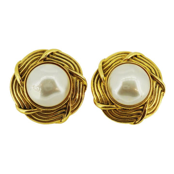 CHANEL earrings vintage flower motif fake pearl GP plated gold white ladies