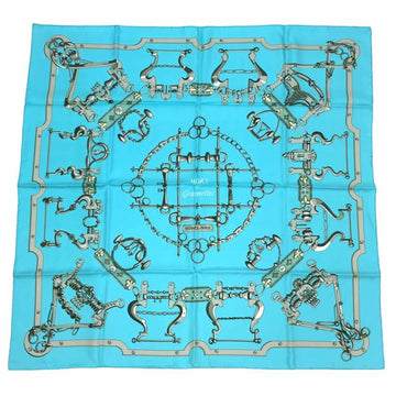 HERMES Scarf Muffler Carre 90 MORS ET GOURMETTES Bit and Chain 100% Silk Light Blue