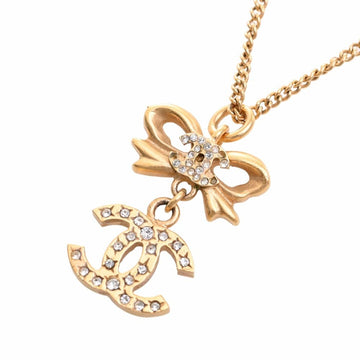 CHANEL Rhinestone Ribbon Coco Mark Necklace Gold Women's