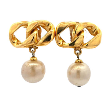 CHANEL earrings vintage thick chain fake pearl GP plated gold ladies