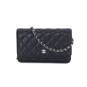 CHANEL Matelasse Classic Chain Wallet Long Caviar Skin Black AP0250 Silver Hardware