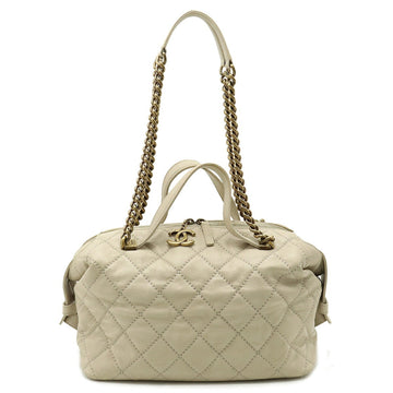 CHANEL Wild Stitch Matelasse Coco Mark Tote Bag Shoulder Chain Leather Beige