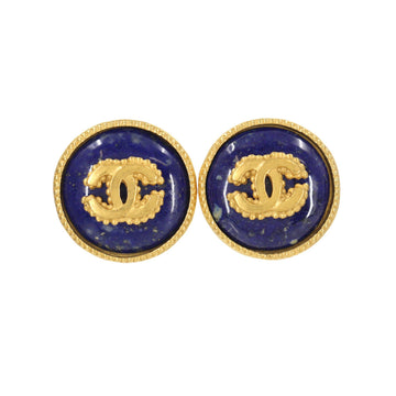 Chanel round type here mark earrings navy gold 96A vintage accessories